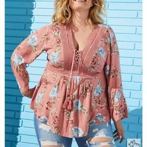 Torrid Desert Sand Floral Crinkle Gauze Babydoll Top